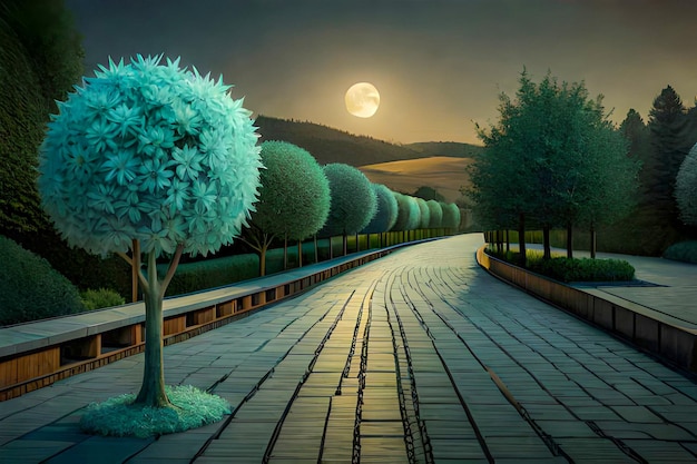 Un dipinto di una strada con alberi e la luna sullo sfondo.