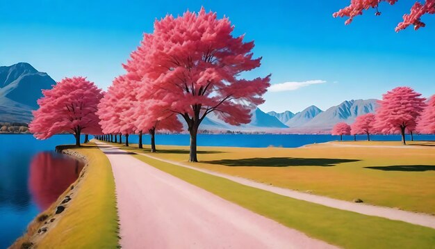 a painting of a road with trees and the word pink on it