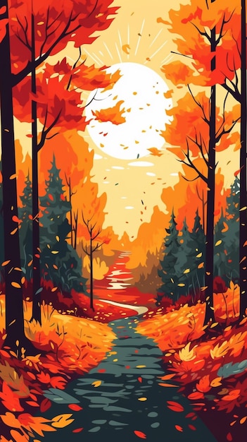 A painting of a road in the woods with trees and leaves generative ai