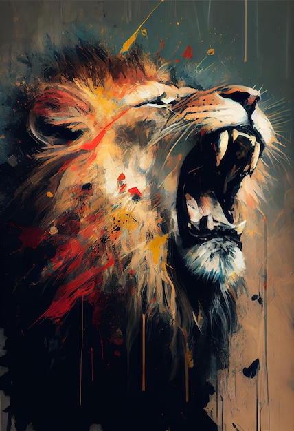 A painting of a roaring lion