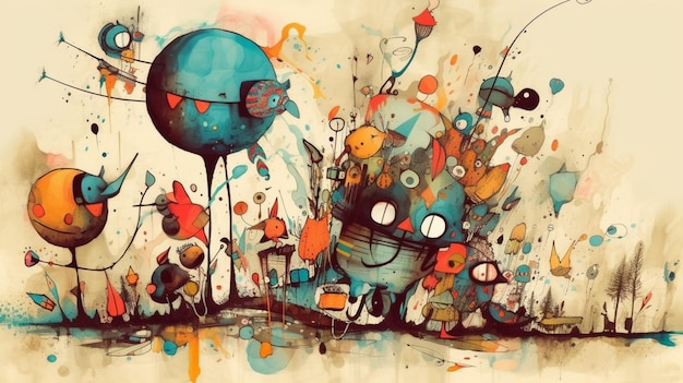 A painting of a robot and a balloon with the words " robot " on it.