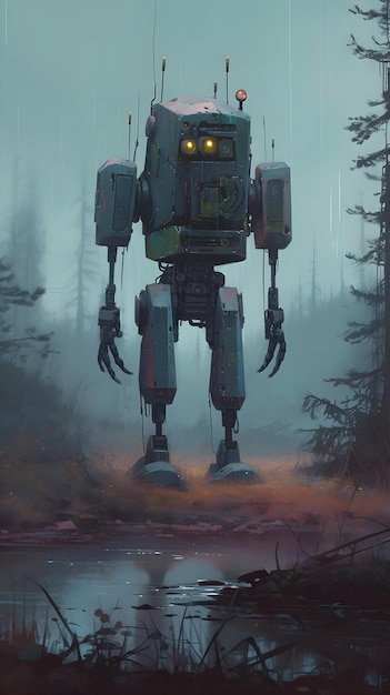 A painting of a robot in a foggy forest.