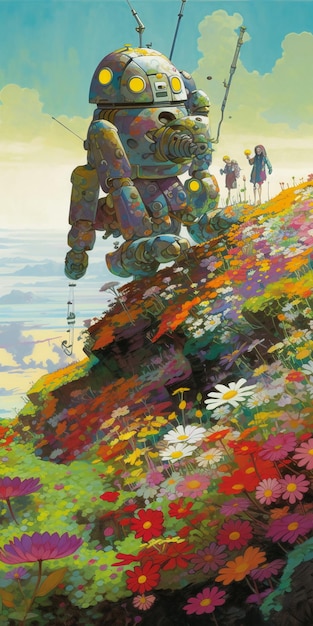 A painting of a robot on a hill with flowers on it.