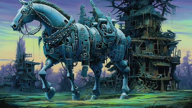 A painting of a robot horse in front of a ruined building.