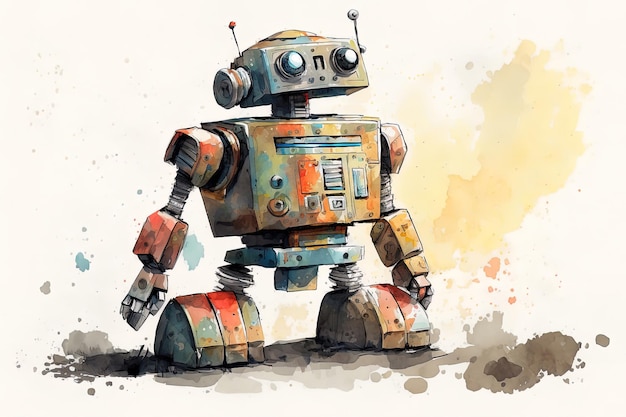 A painting of a robot in a watercolor style.