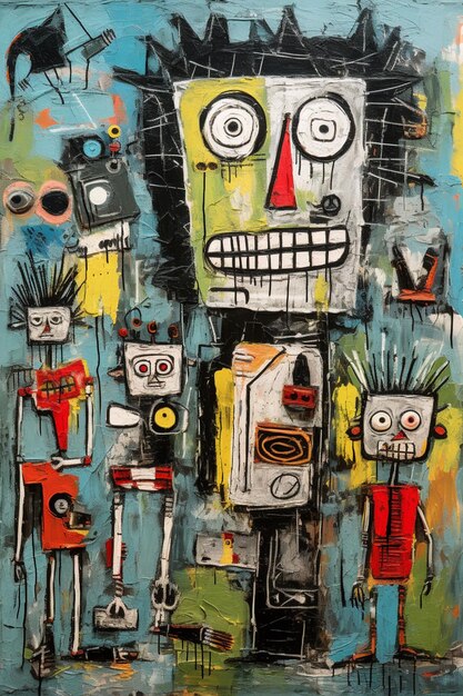 A painting of a robot with a face and a head with a microphone.
