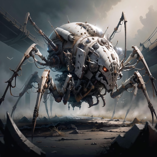 A painting of a robot with a large bug on it.