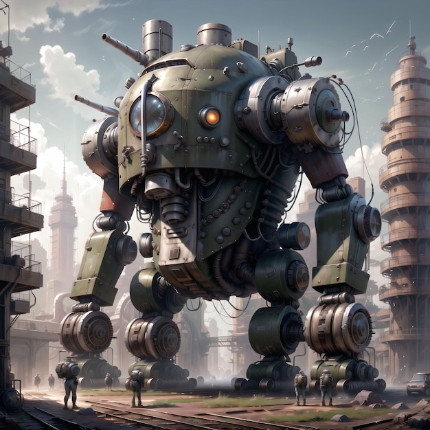 A painting of a robot with a large robot in front of a city.