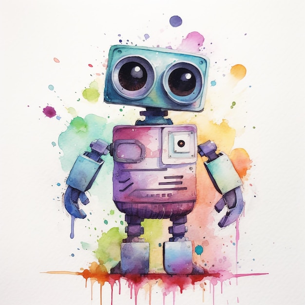 A painting of a robot with a pink face.