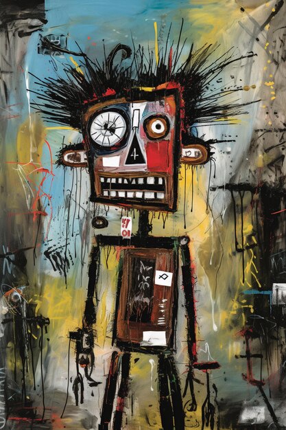 A painting of a robot with a sticker on it