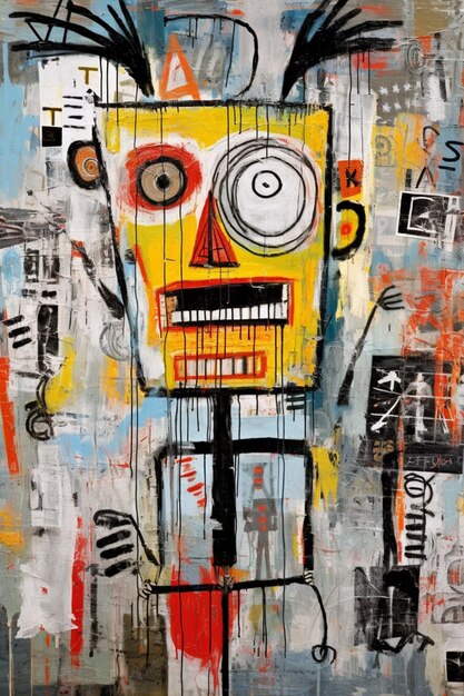 A painting of a robot with the word " on it "