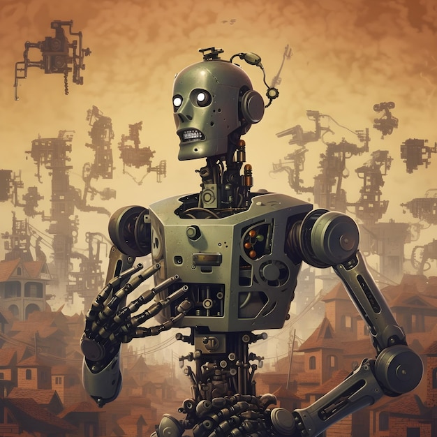 A painting of a robot with the word robot on it