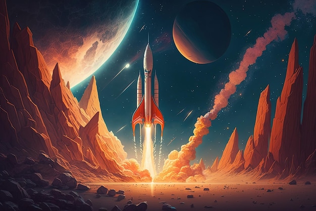 A painting of a rocket taking off from a planet generative ai