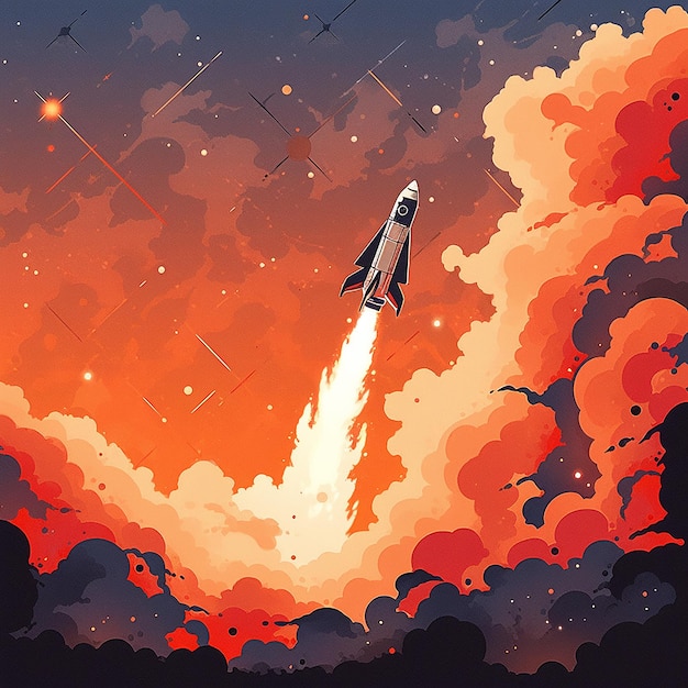 A painting of a rocket taking off from a space station.