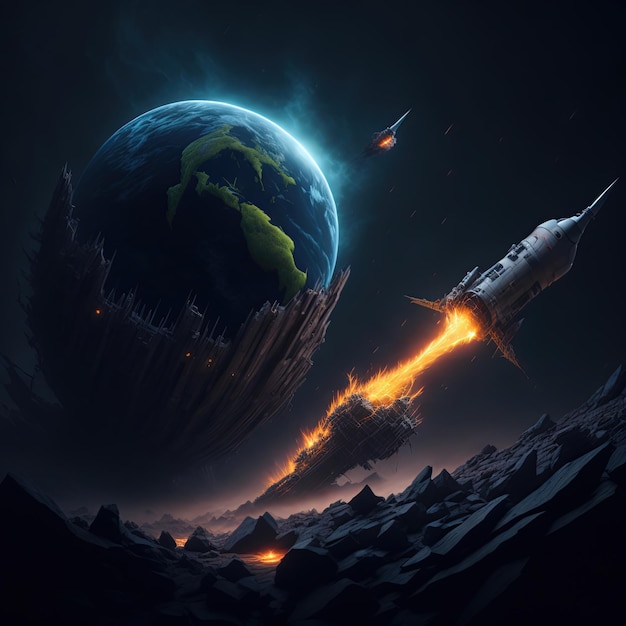 A painting of a rocket with a planet in the background.