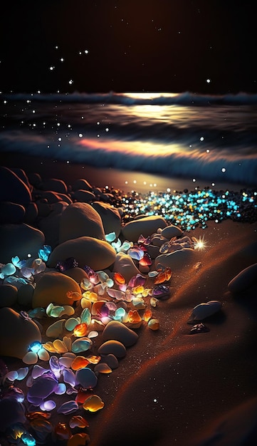 A painting of rocks on a beach with the moon in the background.