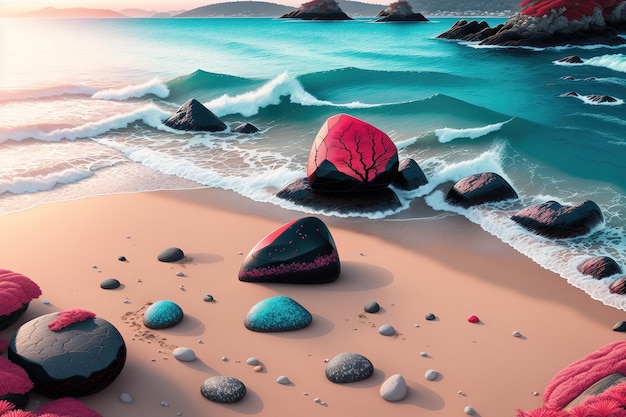 A painting of rocks on a beach with a tree on the beach.