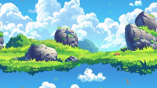 a painting of rocks in a field with a sky background