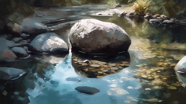 Premium AI Image  A painting of rocks in a river with the sun shining on  them.