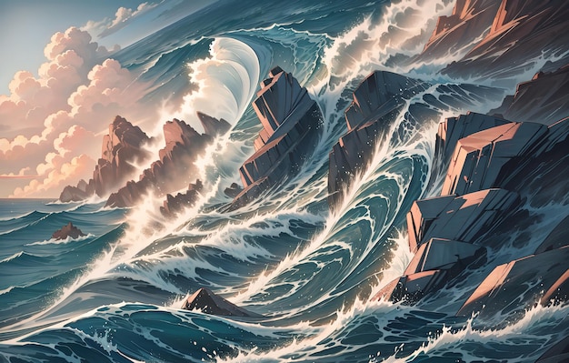 a painting of rocks with waves crashing against them