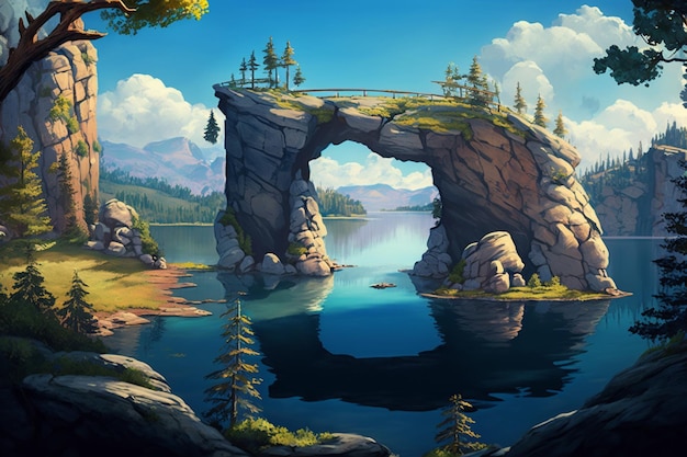 A painting of a rocky island with a bridge over a lake.