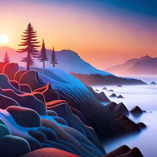 A painting of a rocky shore with a sunset in the background.