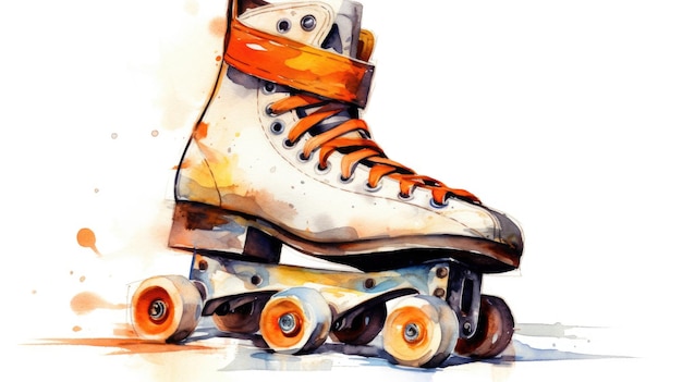 A painting of roller skates with orange laces and orange laces.
