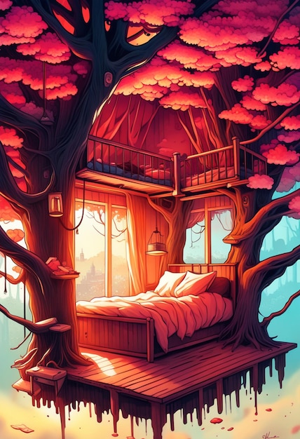 A painting of a room with a bed and a treehouse.