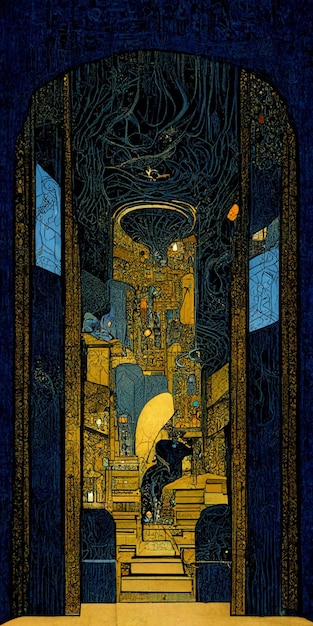 A painting of a room with a blue and yellow interior with a woman standing in the doorway.