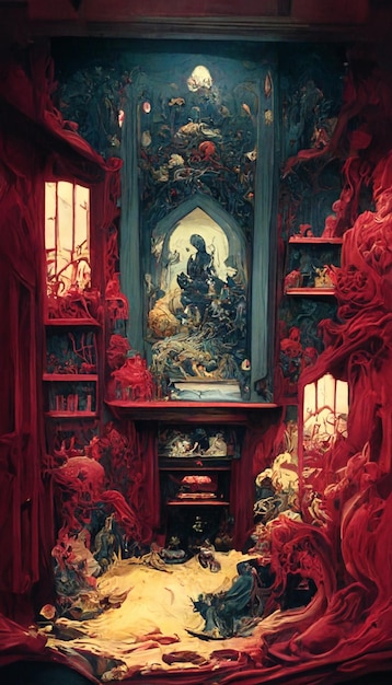 A painting of a room with a book on the wall