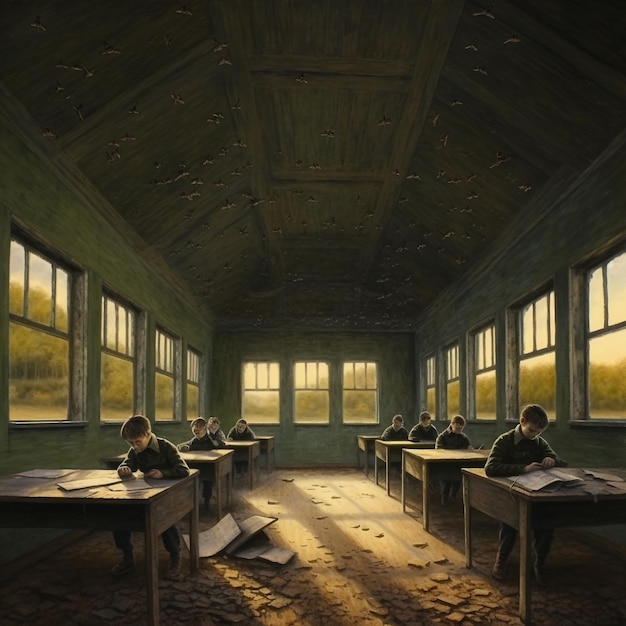 A painting of a room with a boy writing at the bottom.