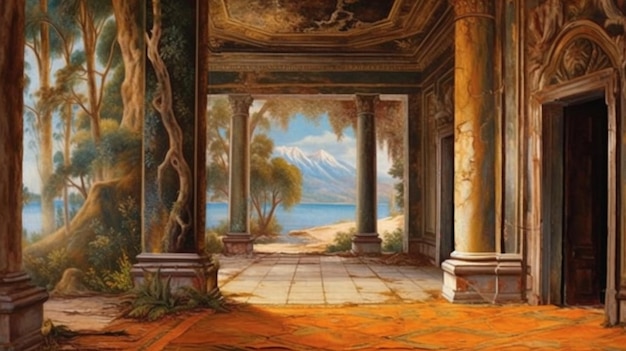 A painting of a room with columns and a mountain in the background.