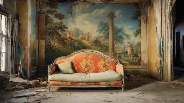 A painting in a room with a couch in it that says'the word " on it