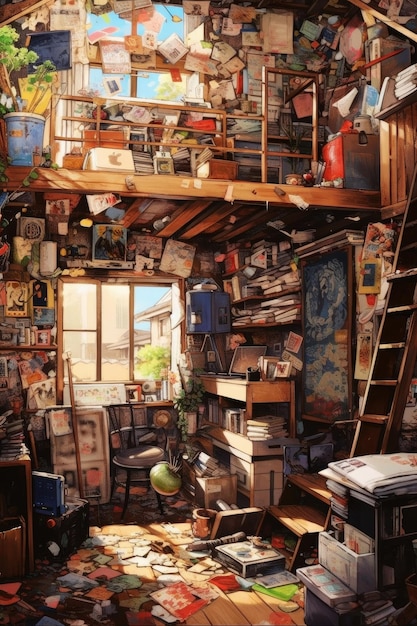 A painting of a room with a lot of stuff on the floor