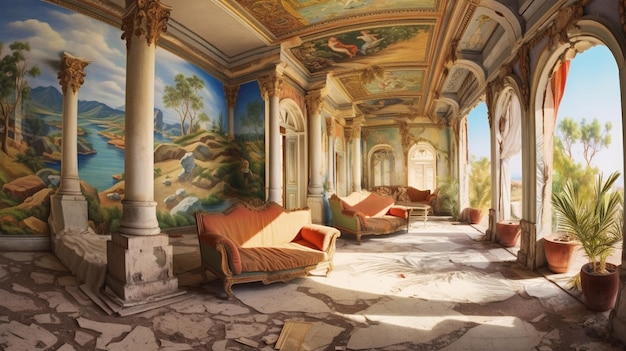 A painting of a room with a painting of a greek temple.