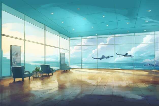 A painting of a room with a plane on the window