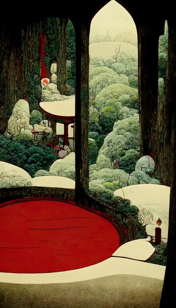 Photo a painting of a room with a red carpet and a tree with a white lamp on it.