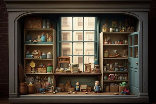 A painting of a room with a shelf full of items.