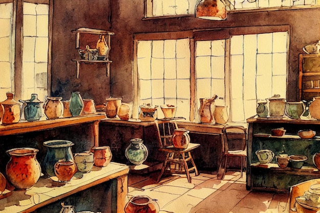 A painting of a room with vases on the wall and a window that says " art studio ".