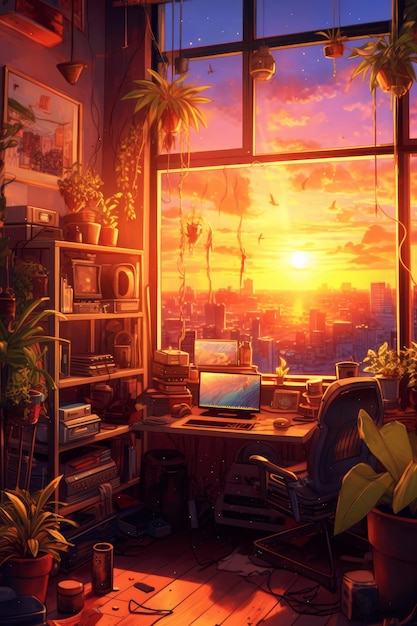 A painting of a room with a view of a city and a computer.