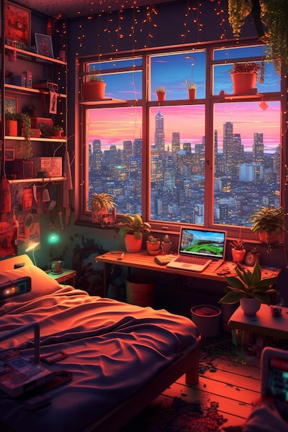 Foto un dipinto di una stanza con vista su una città e una pianta
