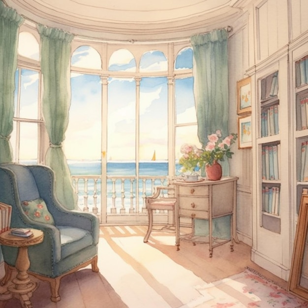 Painting of a room with a view of the ocean and a chair generative ai