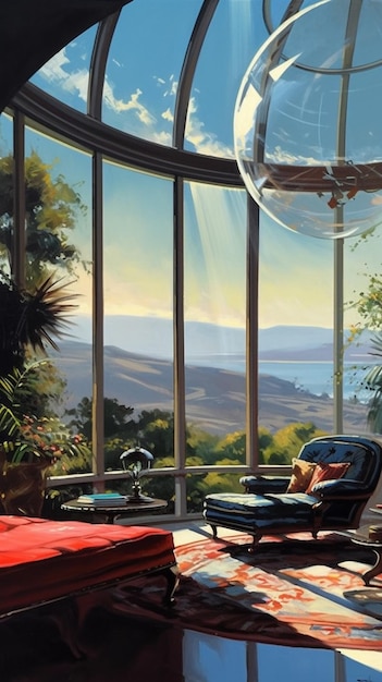 A painting of a room with a view of the pacific ocean.