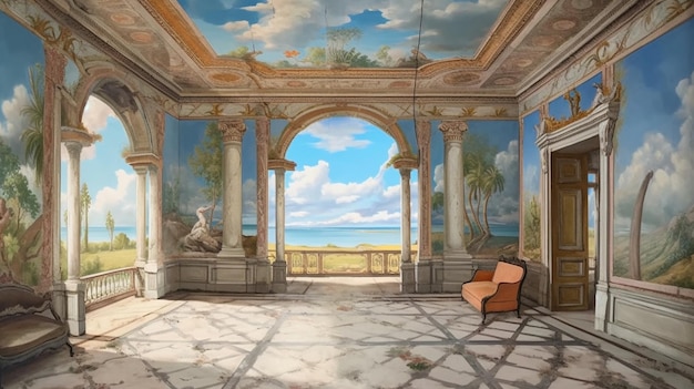 A painting of a room with a view of the sea.