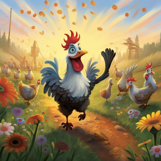 A painting of a rooster in a field of flowers