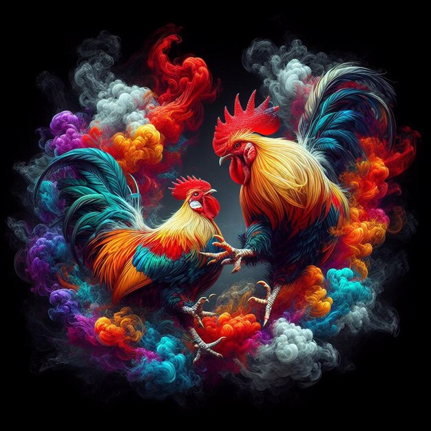 a painting of a rooster and a rooster in the middle of the frame