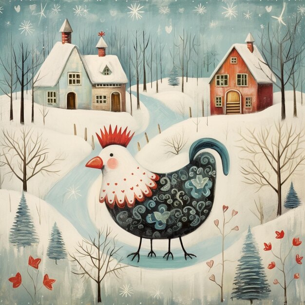 painting of a rooster in a snowy landscape with a house in the background generative ai