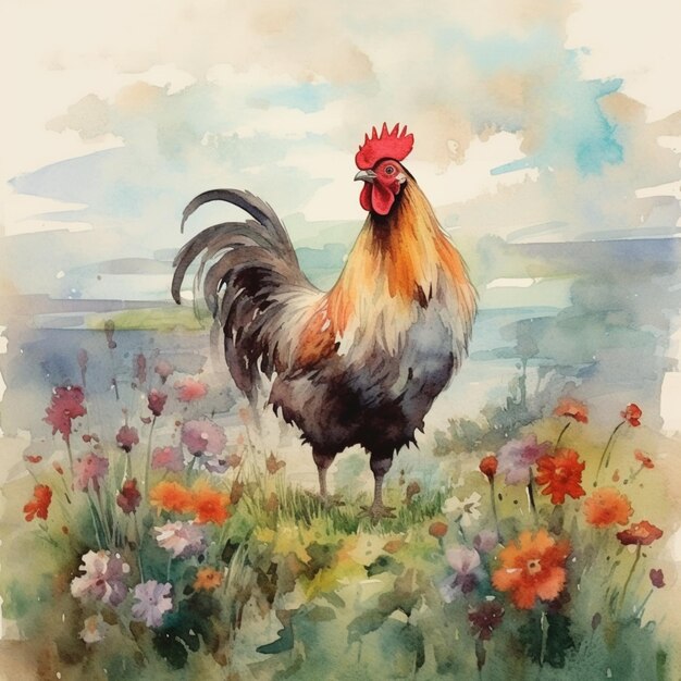 Painting of a rooster standing in a field of flowers generative ai