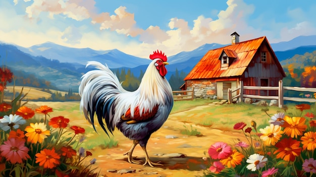 painting of a rooster standing in a field with a barn in the background generative ai