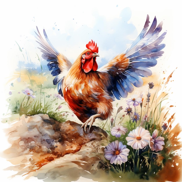 painting of a rooster with a red comb and blue wings generative ai